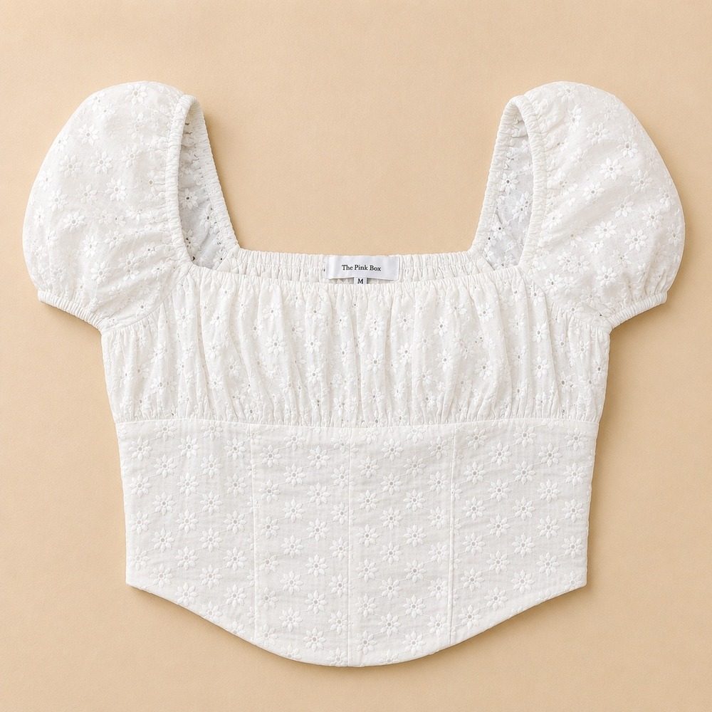 White Eyelet Embroidered Puff Sleeve Crop‎ Top Juniors M Cottagecore Coquette